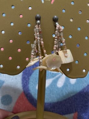 Beaded Pink Shell Flower Drop Earrings